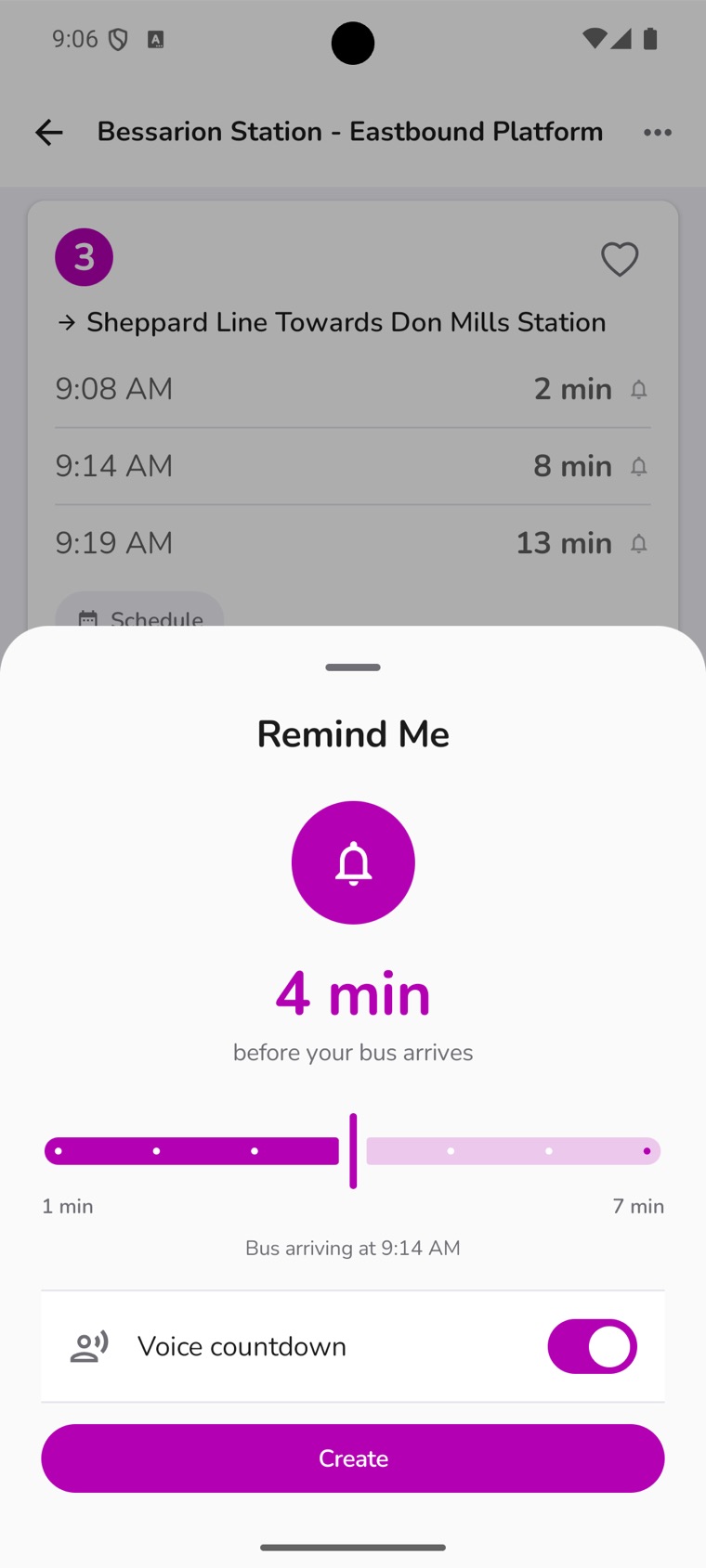 My TTC app arrival alarm set for a bus stop