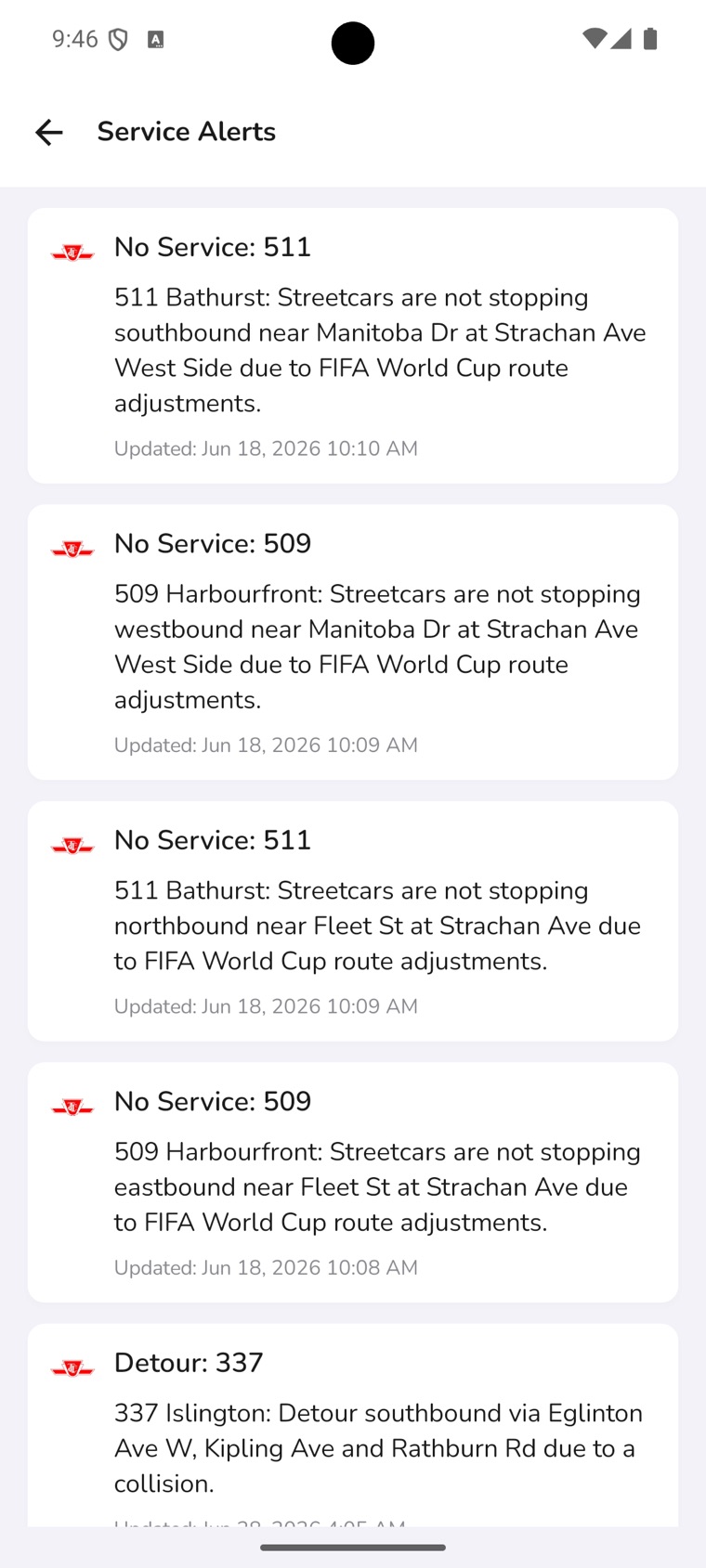 My TTC app service alert notification for a delay