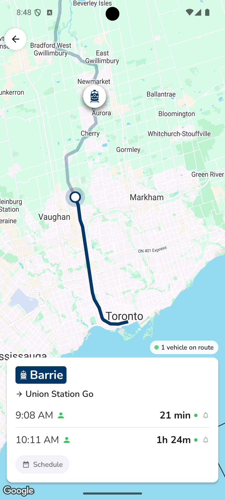 My TTC app showing live GPS bus tracking on a map
