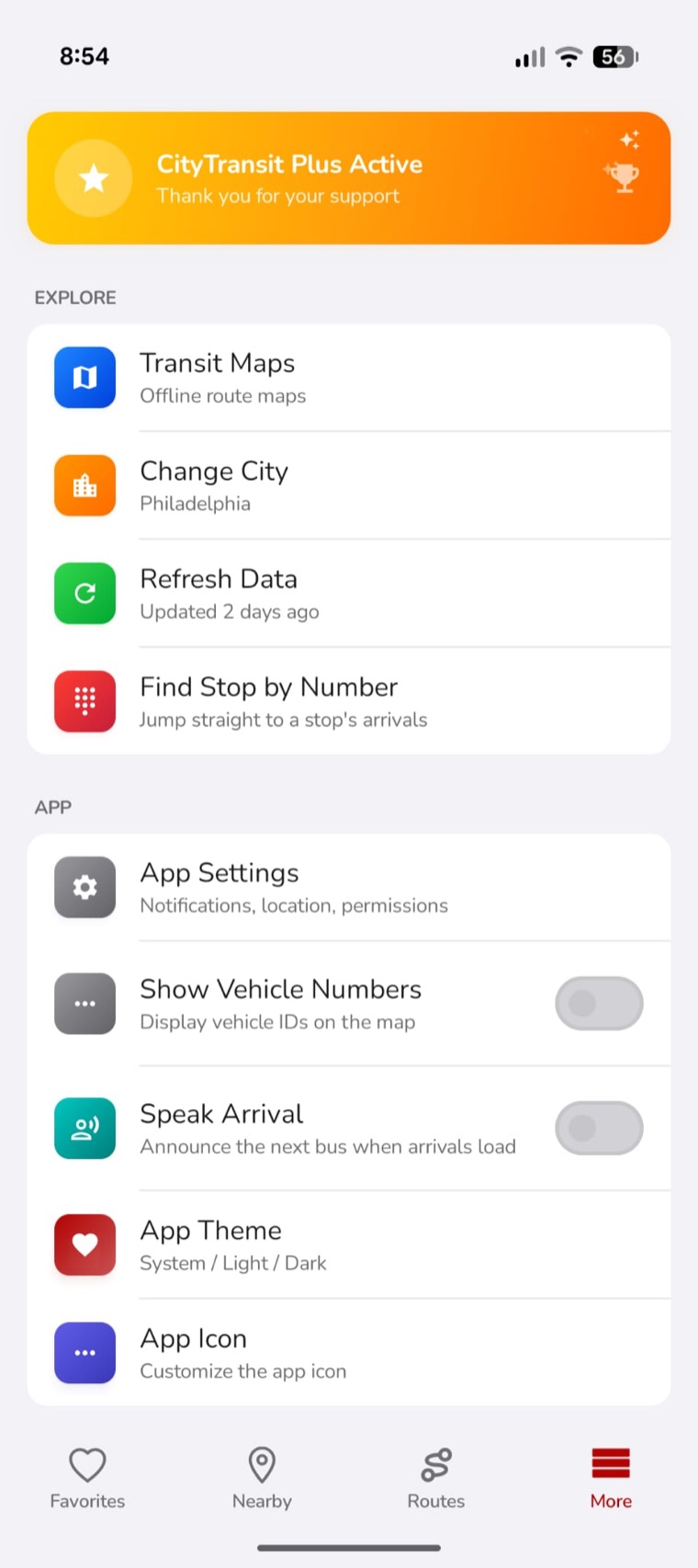 My TTC app menu screen