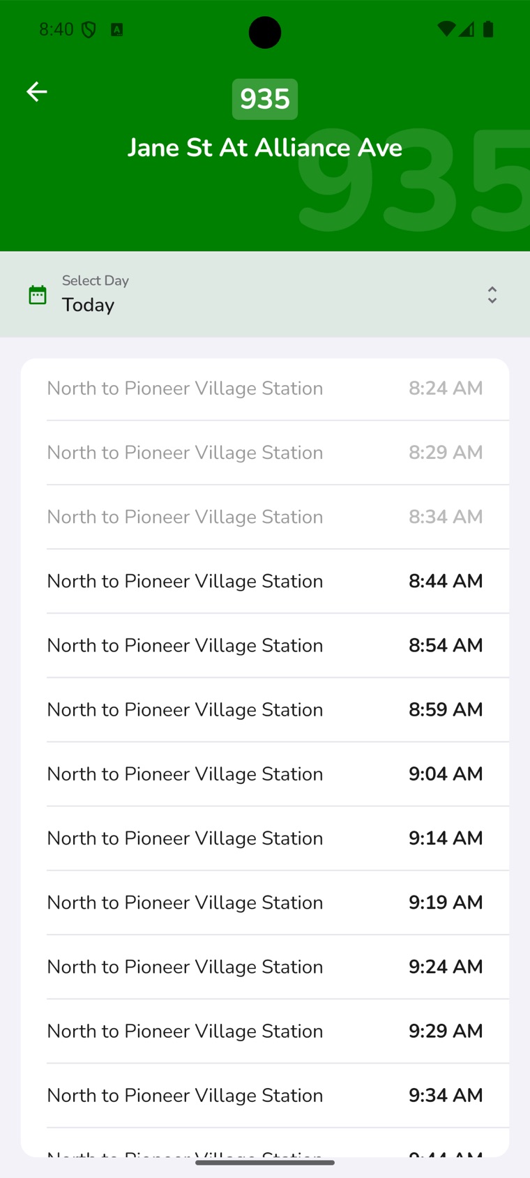 My TTC app schedule listing