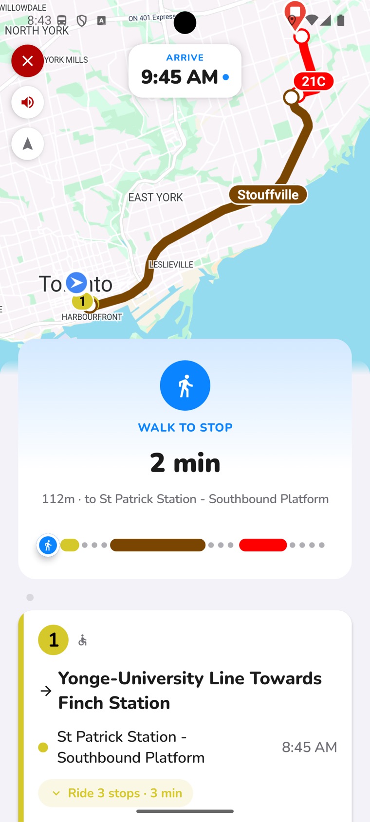 My TTC app showing live trip tracking detail for a GO Transit route