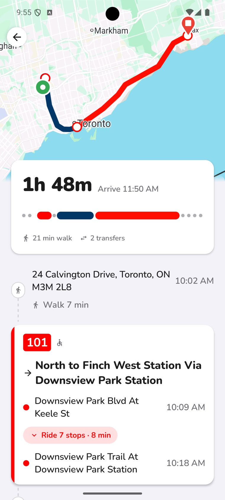 My TTC app showing live trip detail tracking