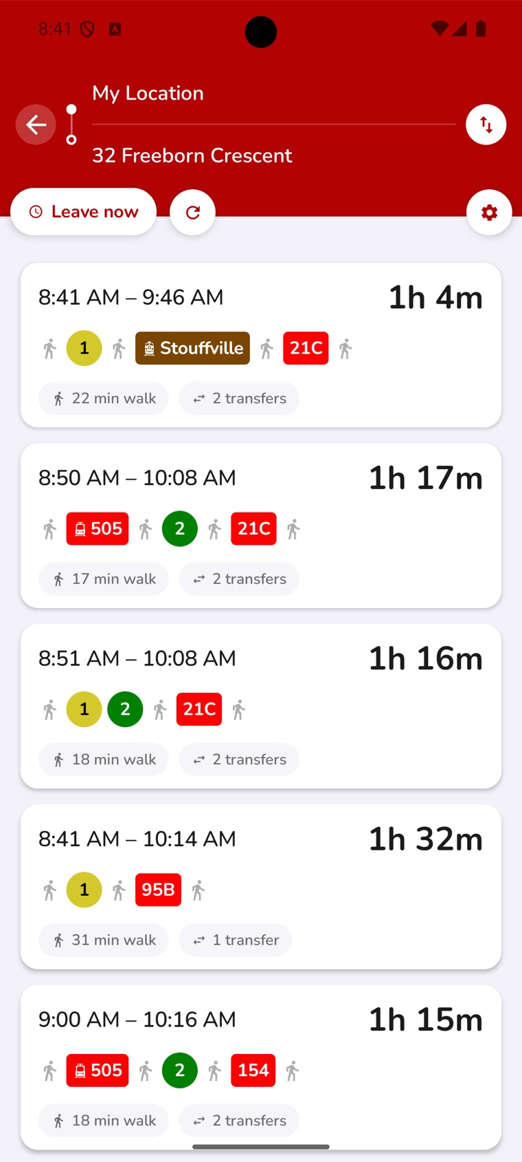 My TTC trip planner showing route options