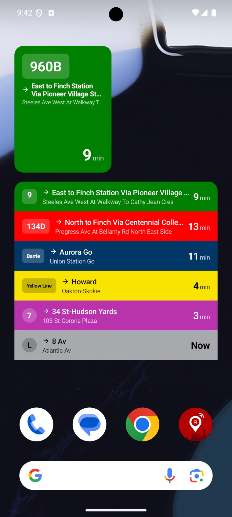 My TTC home screen widgets showing live arrivals